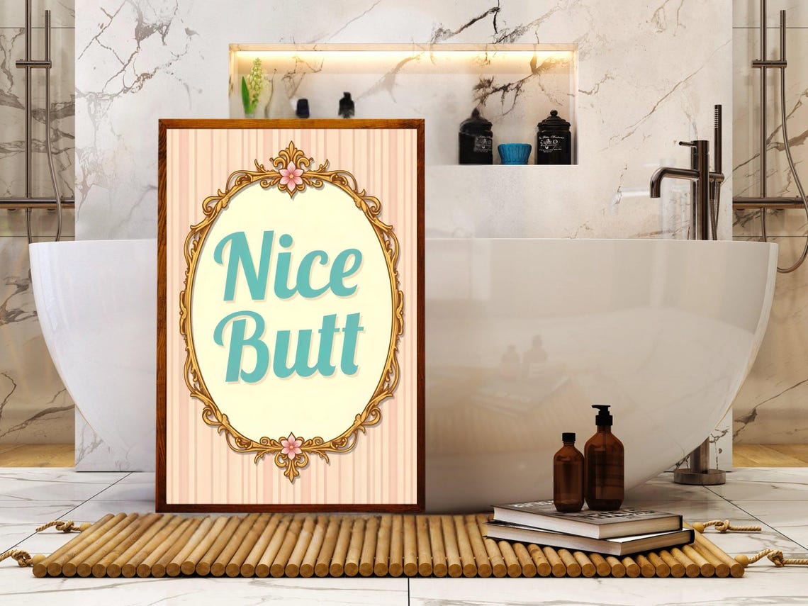 Cheeky Nice Butt Quote in a Vintage Gold Oval Frame Bathroom Poster - Image 2