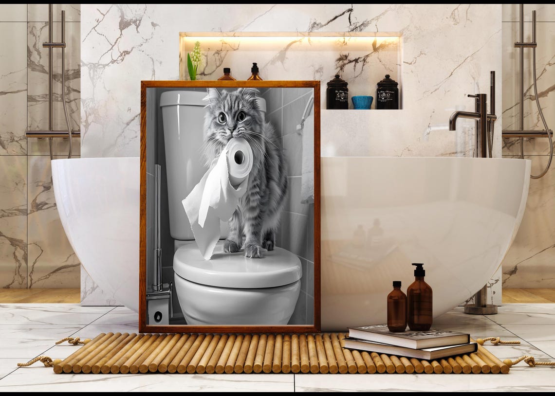 Tabby Cat Holding Toilet Paper Standing On Toilet Funny Poster - Image 5