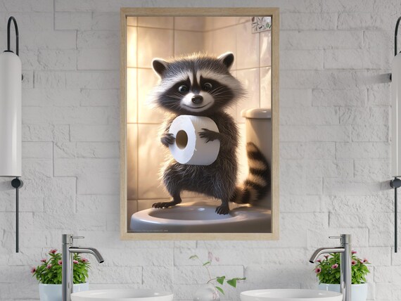 Adorable Baby Raccoon Holding Toilet Paper on the Toilet Poster