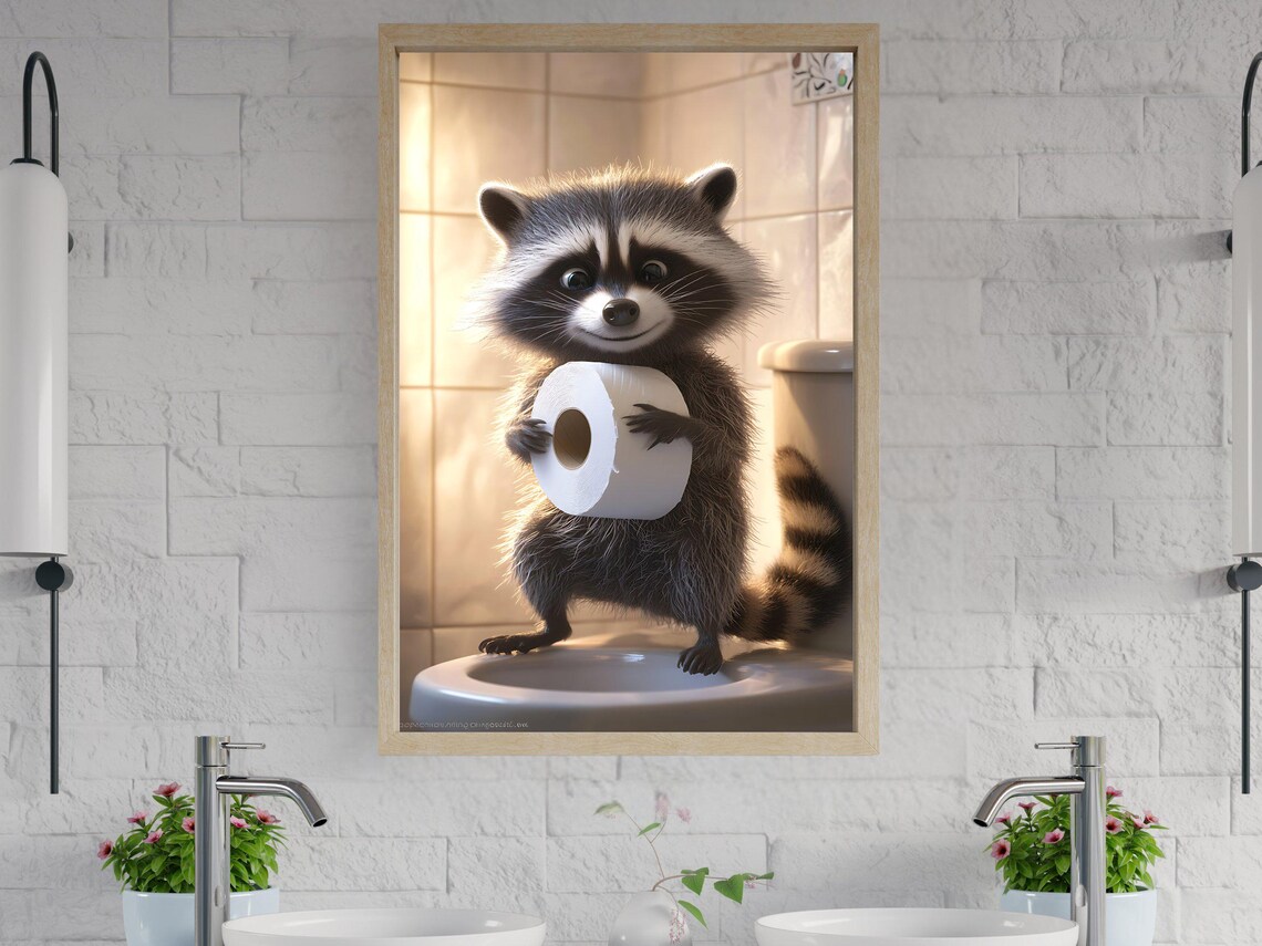 Adorable Baby Raccoon Holding Toilet Paper on the Toilet Poster