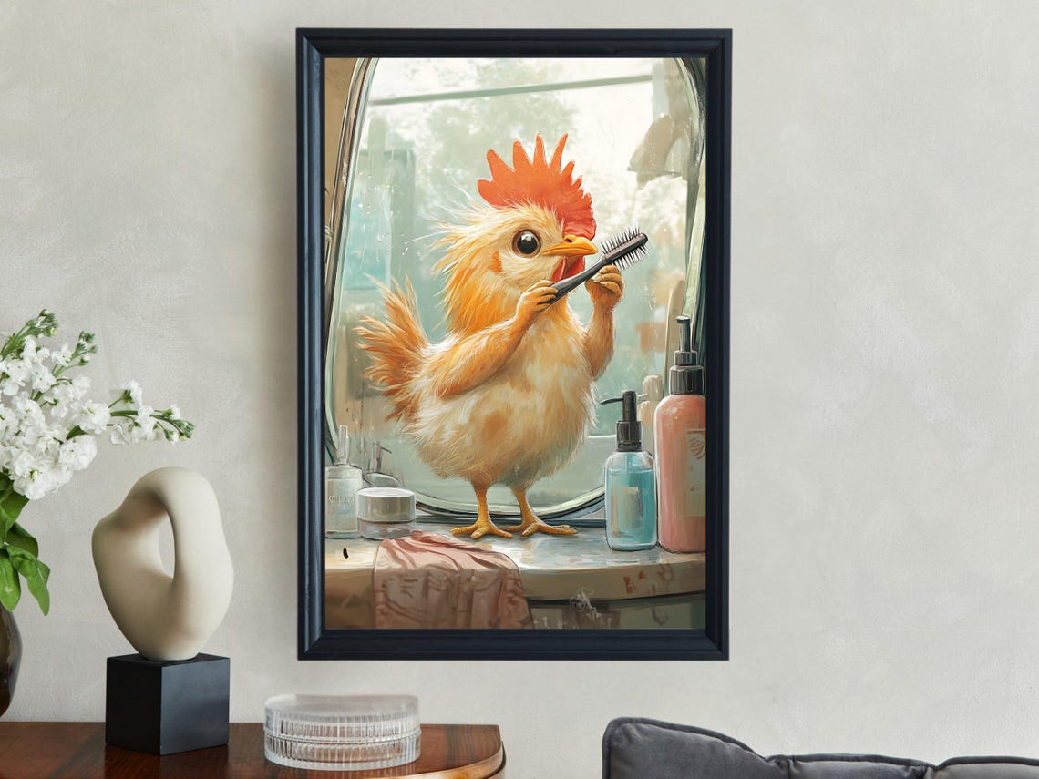 Adorable Baby Chicken Brushing Teeth in Front of Mirror Poster - Image 2