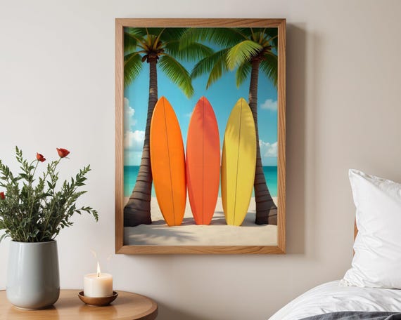 Surfboard Beach Wall Art Tropical Palm Tree Decor Ocean Surf Print Summer Vacation Poster Coastal Home Design Colorful Surf Art