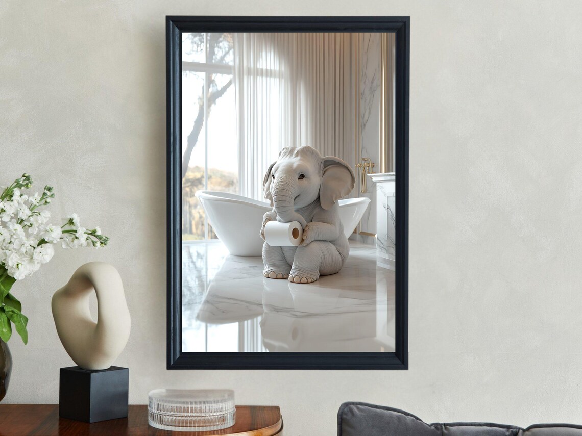 Sweet Baby Elephant Holding Toilet Paper in Marble Bathroom Poster - Image 2