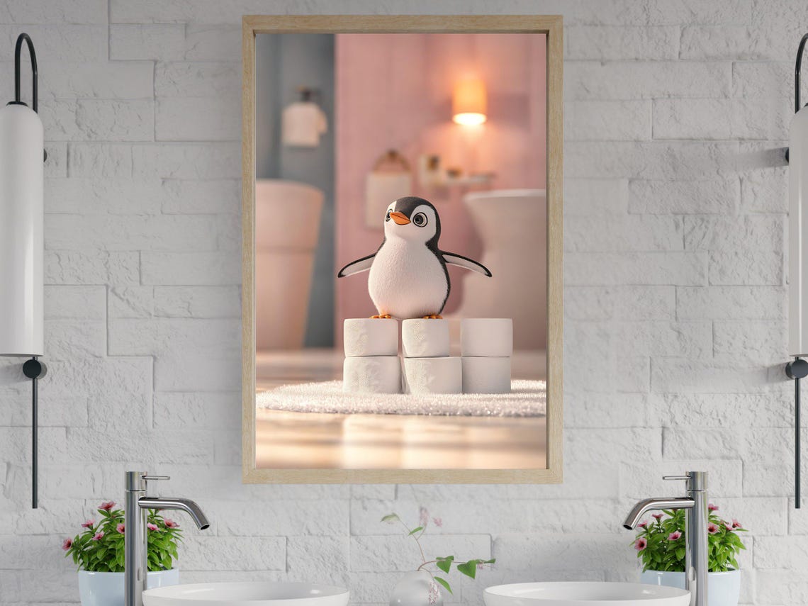 Cute Cartoon Penguin Standing on a Stack of Toilet Paper Rolls Poster