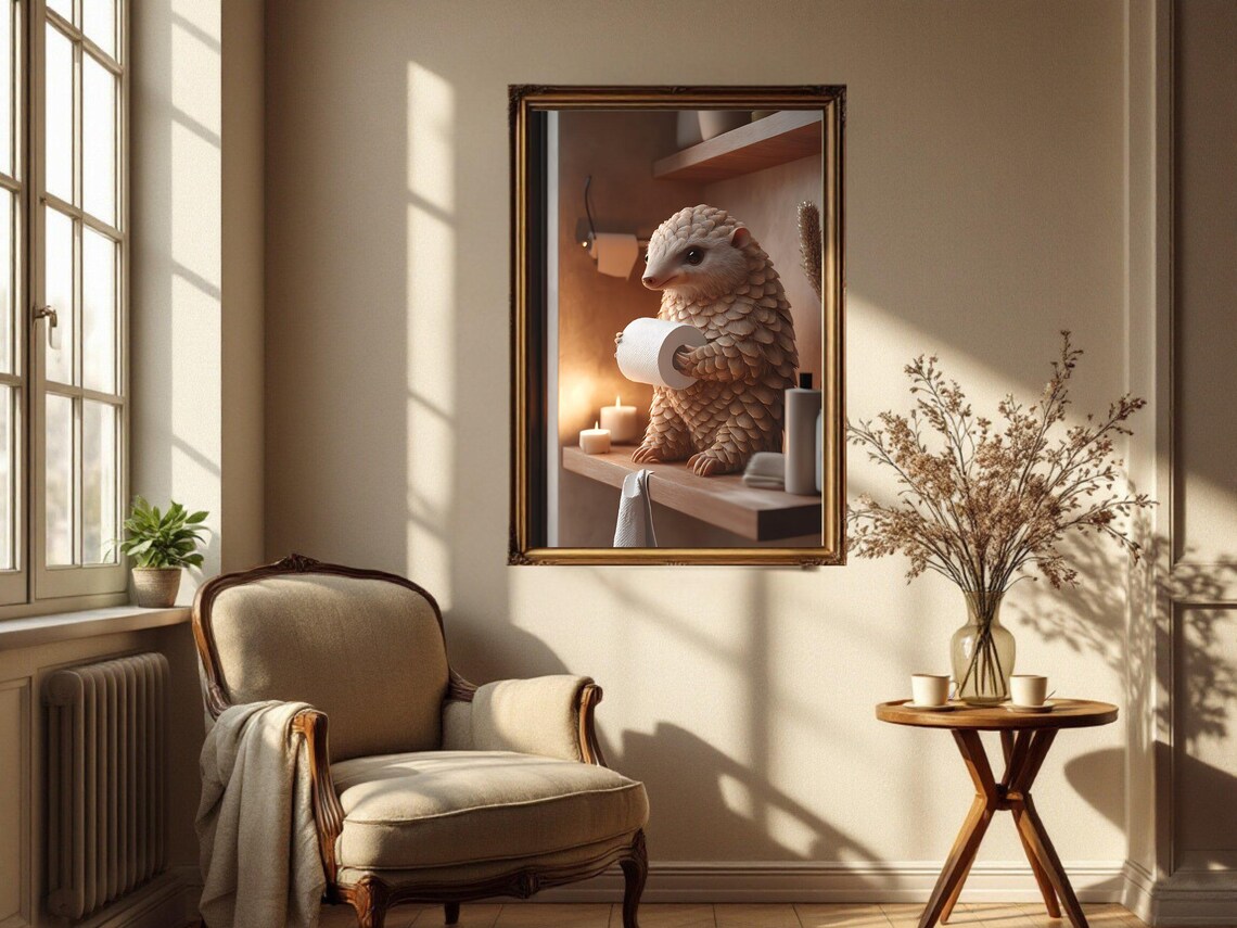 Pangolin Holding a Toilet Paper Roll on a Candlelit Bathroom Shelf Poster - Image 4