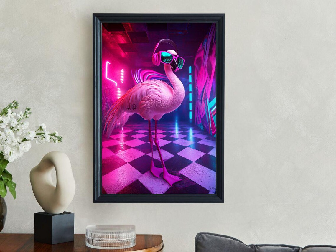 Flamingo with Headphones and Sunglasses Neon Nightclub Party Poster
