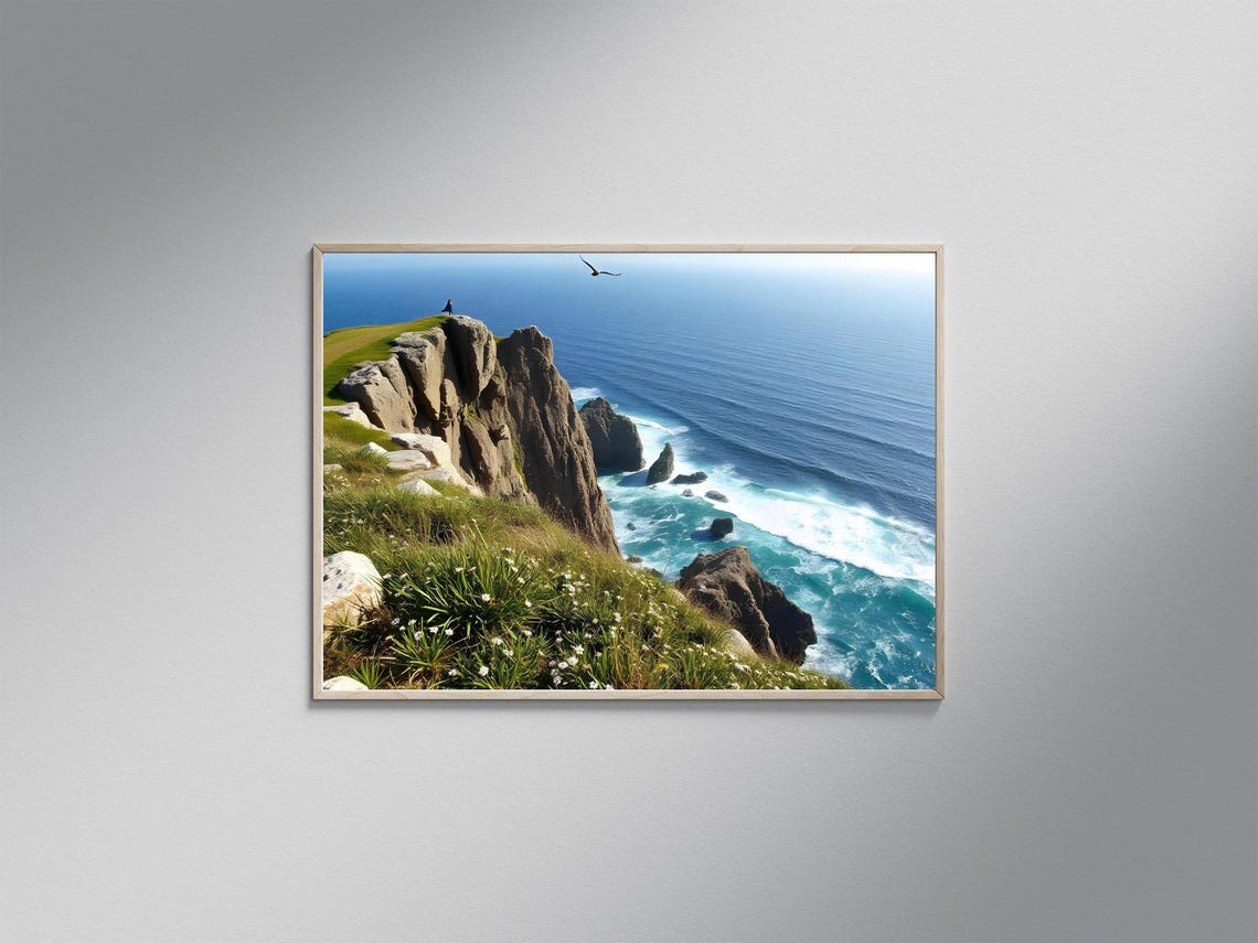 Rocky Coastal Cliffs Above Bright Blue Ocean Waves Nature Poster