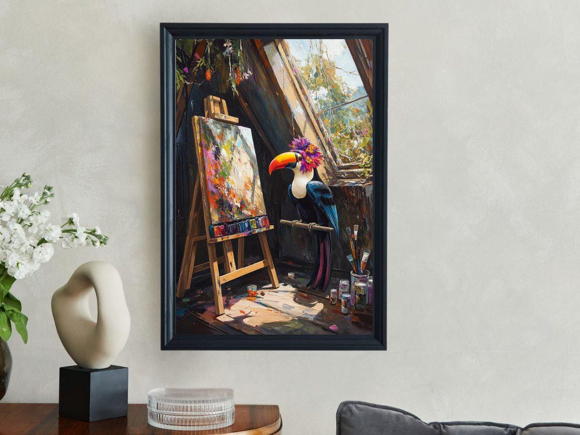 Toucan Artist With Flower Crown Painting In A Sunlit Art Studio Poster