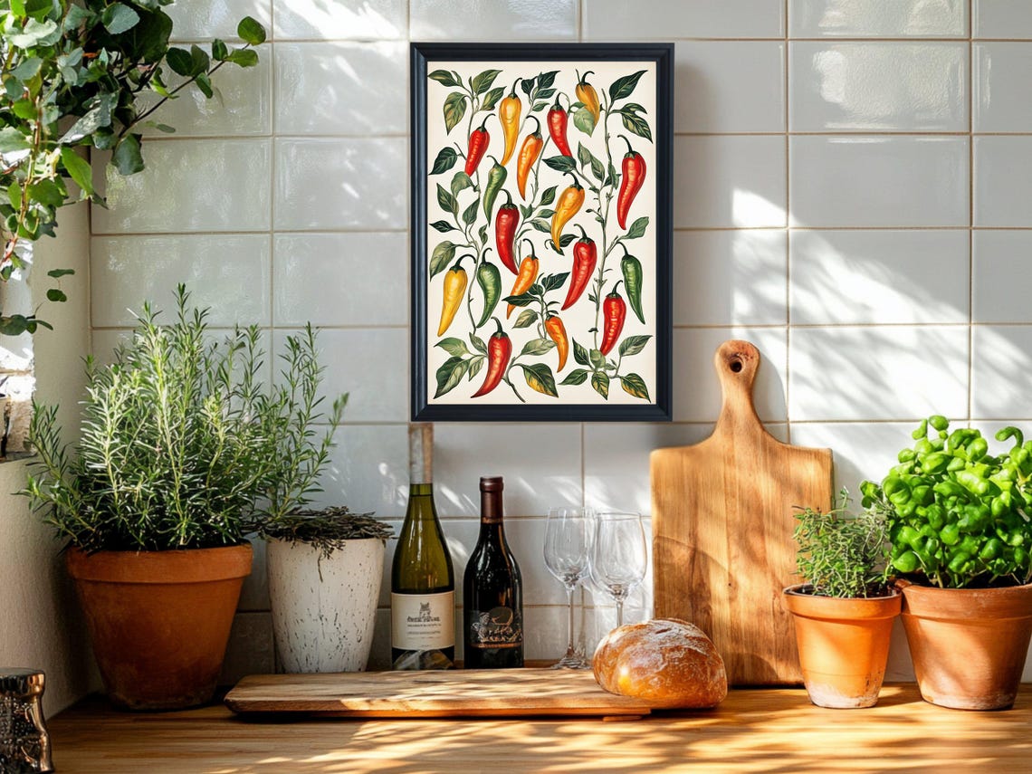 Chili Peppers Botanical Colorful Spicy Kitchen Decor Art Poster - Image 2