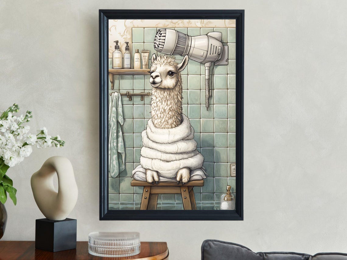 Alpaca Wrapped in a Towel Enjoying a Spa Day Bathroom Poster - Image 2