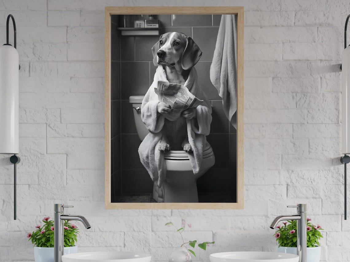 Beagle In Bathrobe Reading Newspaper On Toilet Black And White Poster
