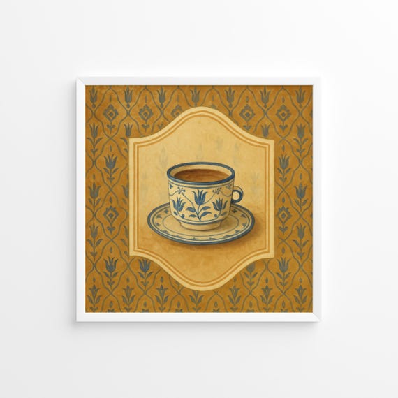Floral Tulip Teacup Poster Vintage Gold Tea Wall Art Square Classic Kitchen Print