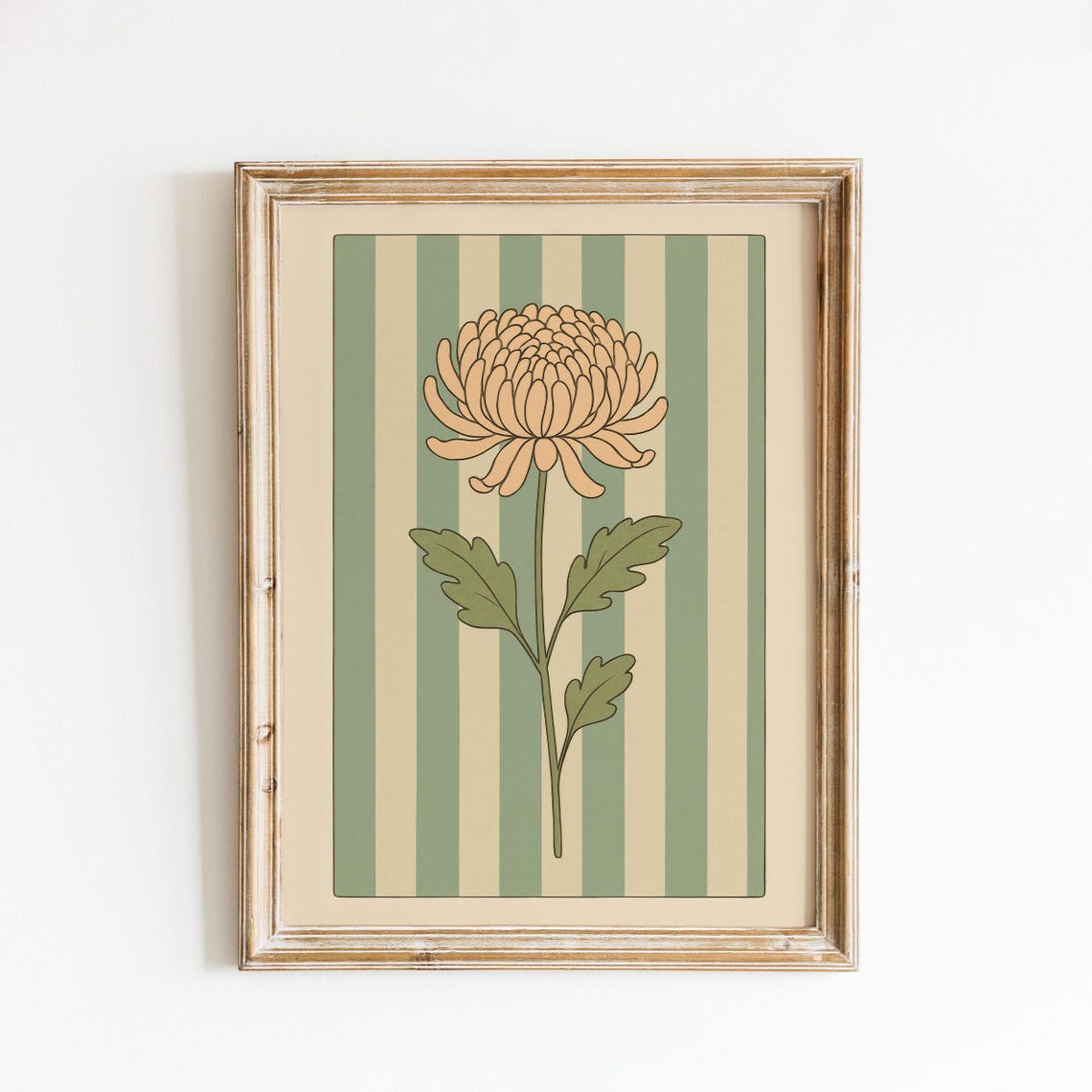 Peach Chrysanthemum Framed Botanical Panel Green Striped Poster