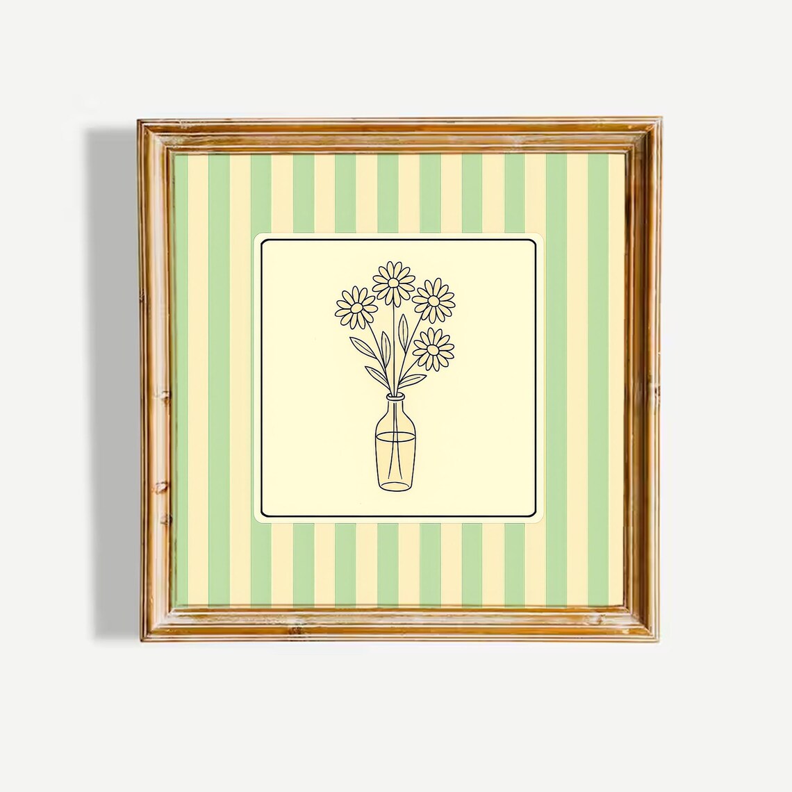 Daisy Bouquet Line Art Glass Bottle Vase Green Striped Poster