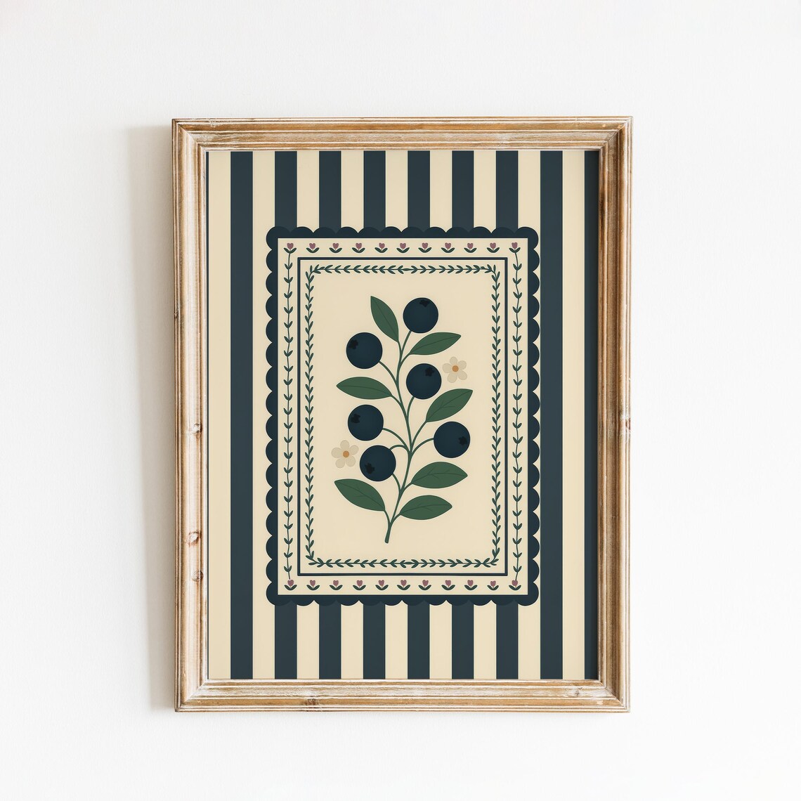 Blueberry Branch Folk Art On Navy Striped Background Decor Poster