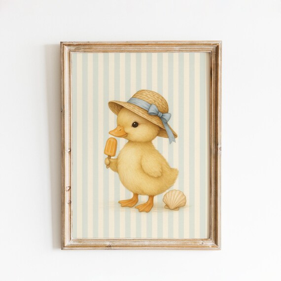 Cute Duckling With Straw Hat And Popsicle Summer Nursery Poster