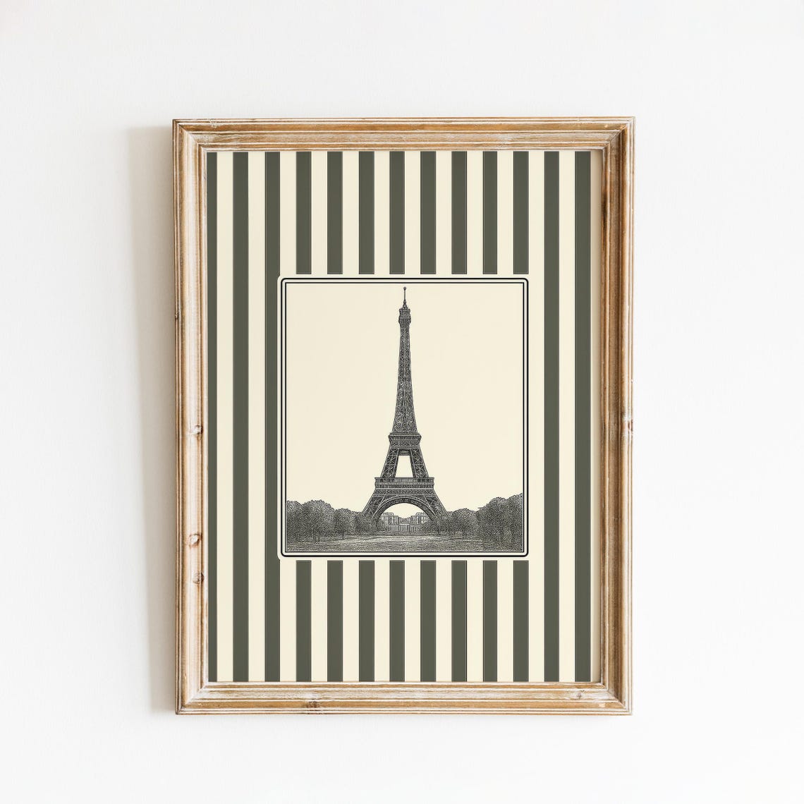 Eiffel Tower Vintage Engraving Paris Olive Striped Travel Poster