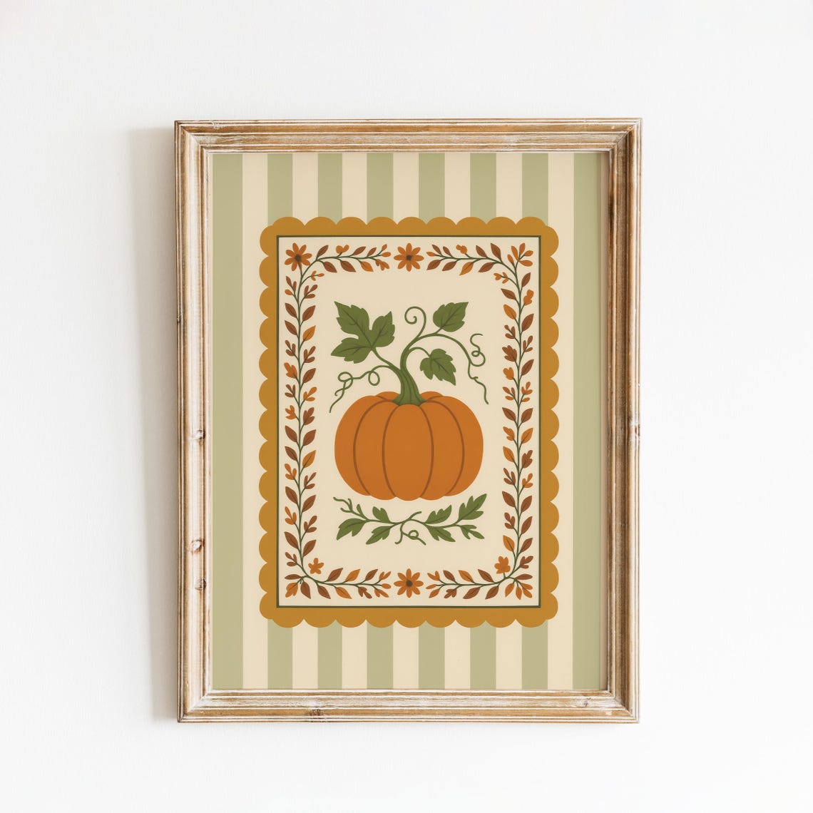 Pumpkin Folk Art Poster Rustic Fall Harvest Sage Striped Kitchen Decor