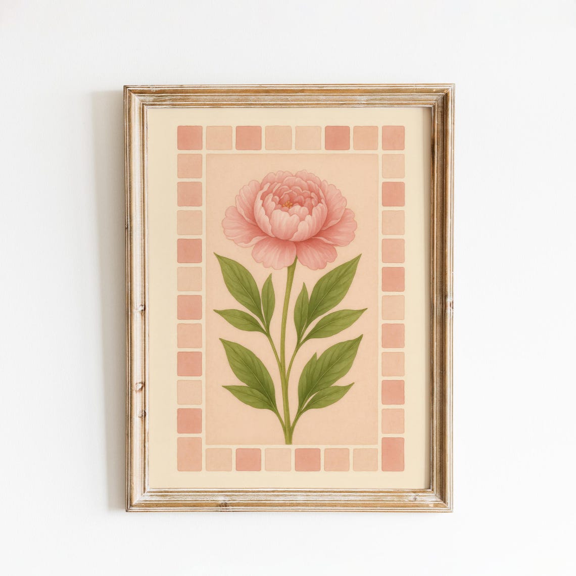Pink Peony Single Bloom Peach Tile Border Botanical Art Poster