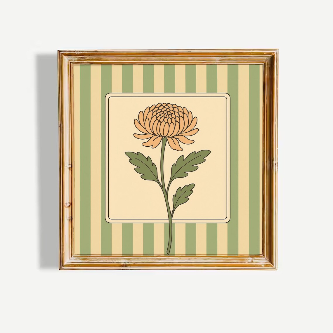 Chrysanthemum Flower Orange Bloom Green Stripe Vintage Poster