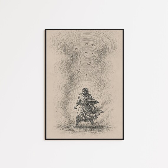 Robed Figure Walking Through a Whirlwind of Ancient Script Poster