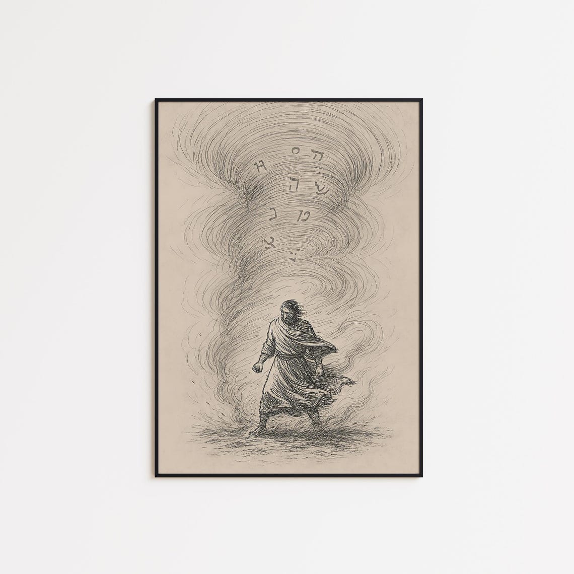 Robed Figure Walking Through a Whirlwind of Ancient Script Poster