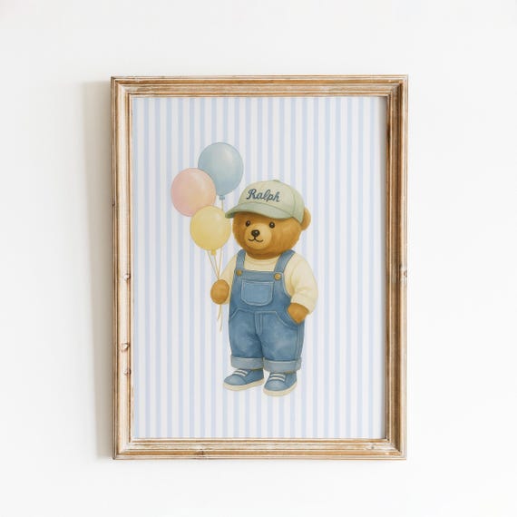 Balloon Holding Teddy Bear Blue Striped Wall Art Print
