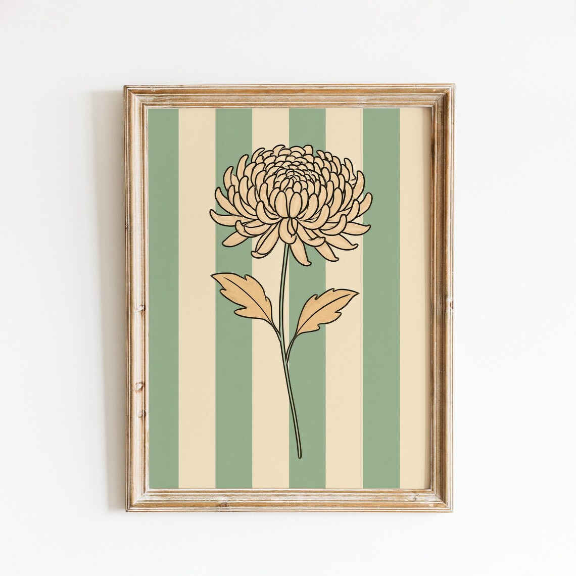 Beige Chrysanthemum Ink Outline Green Striped Vintage Floral Poster