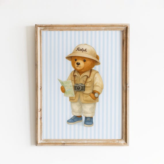 Explorer Teddy Bear Blue Striped Wall Art Print