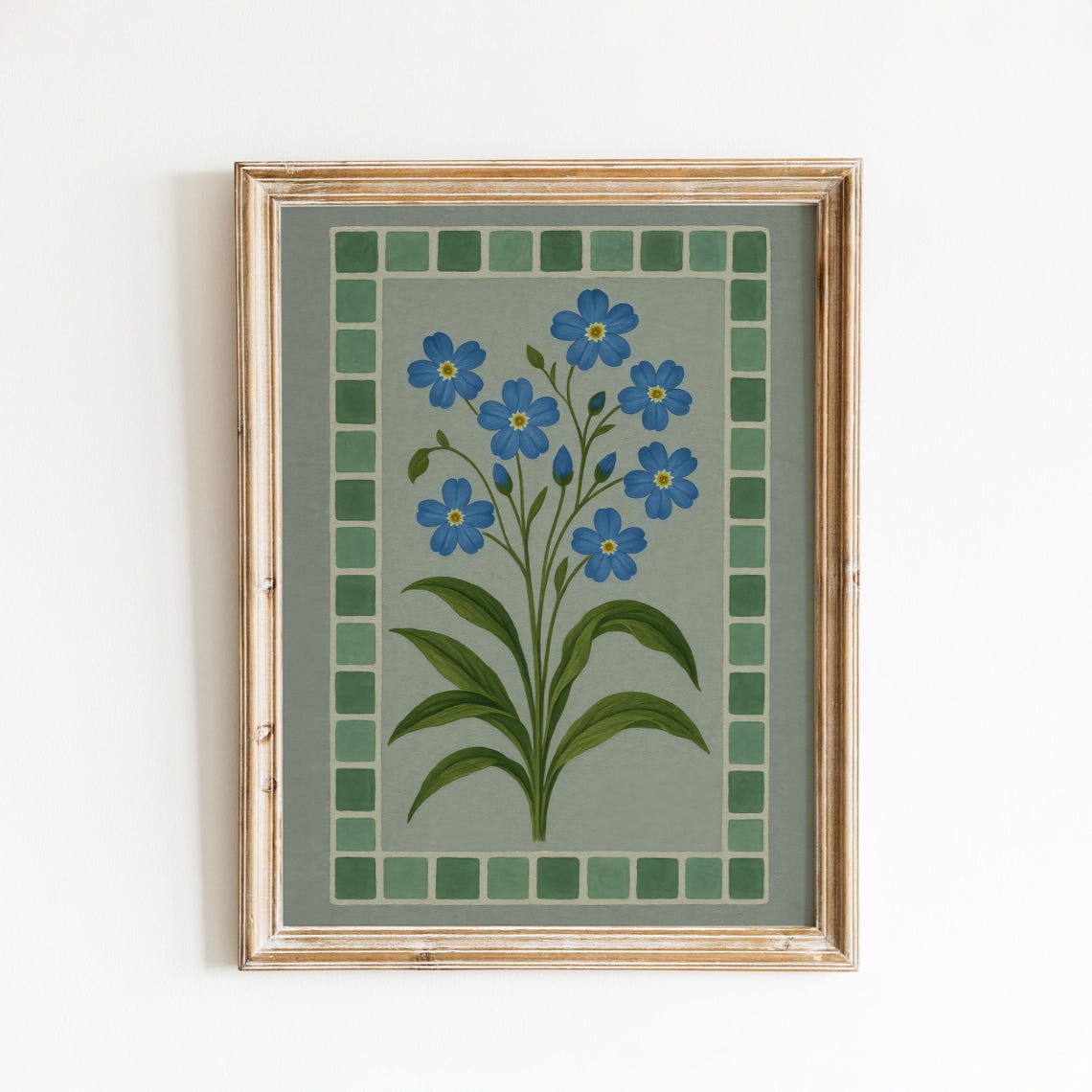 Blue Forget Me Not Flower Folk Botanical Green Tile Border Poster