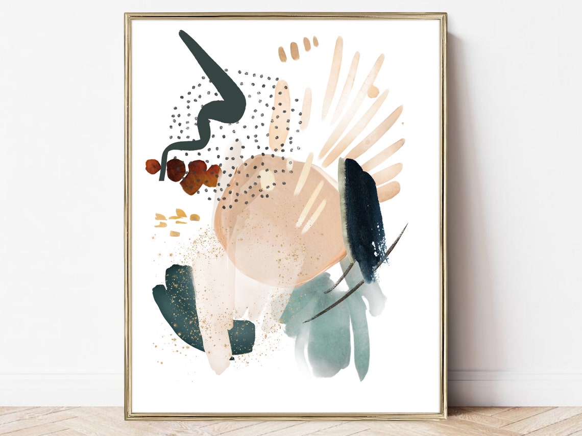 Beige Navy Sage Gold Rust Abstract Watercolor Modern Art Poster