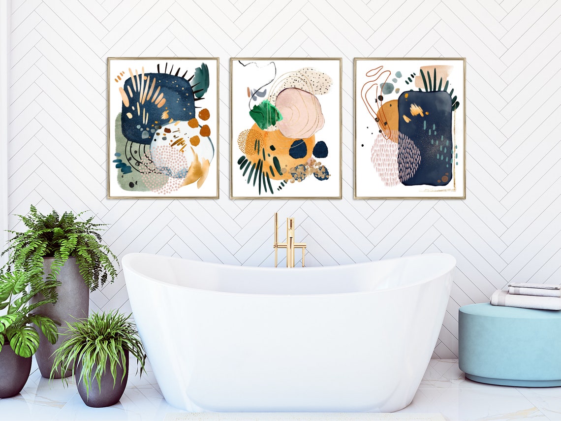 Mustard Yellow Blush Green Navy Abstract Watercolor Modern Poster - Image 3