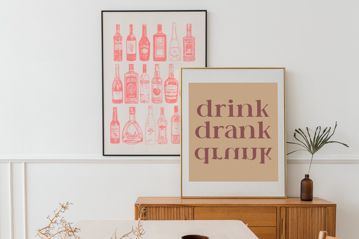 Vintage Liquor Bottles Bar Cart Red Ink Illustration Art Poster - Image 3