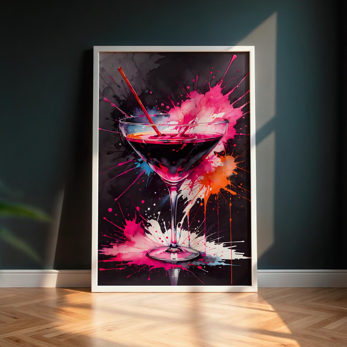Neon Pink Cocktail Glass Splash Watercolor Bar Night Decor Poster