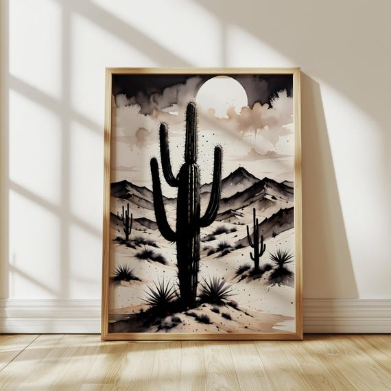 Black And White Cactus Landscape Wall Art Desert Sunset Poster Moody Grayscale Boho Print Rustic Plant Decor Illustration