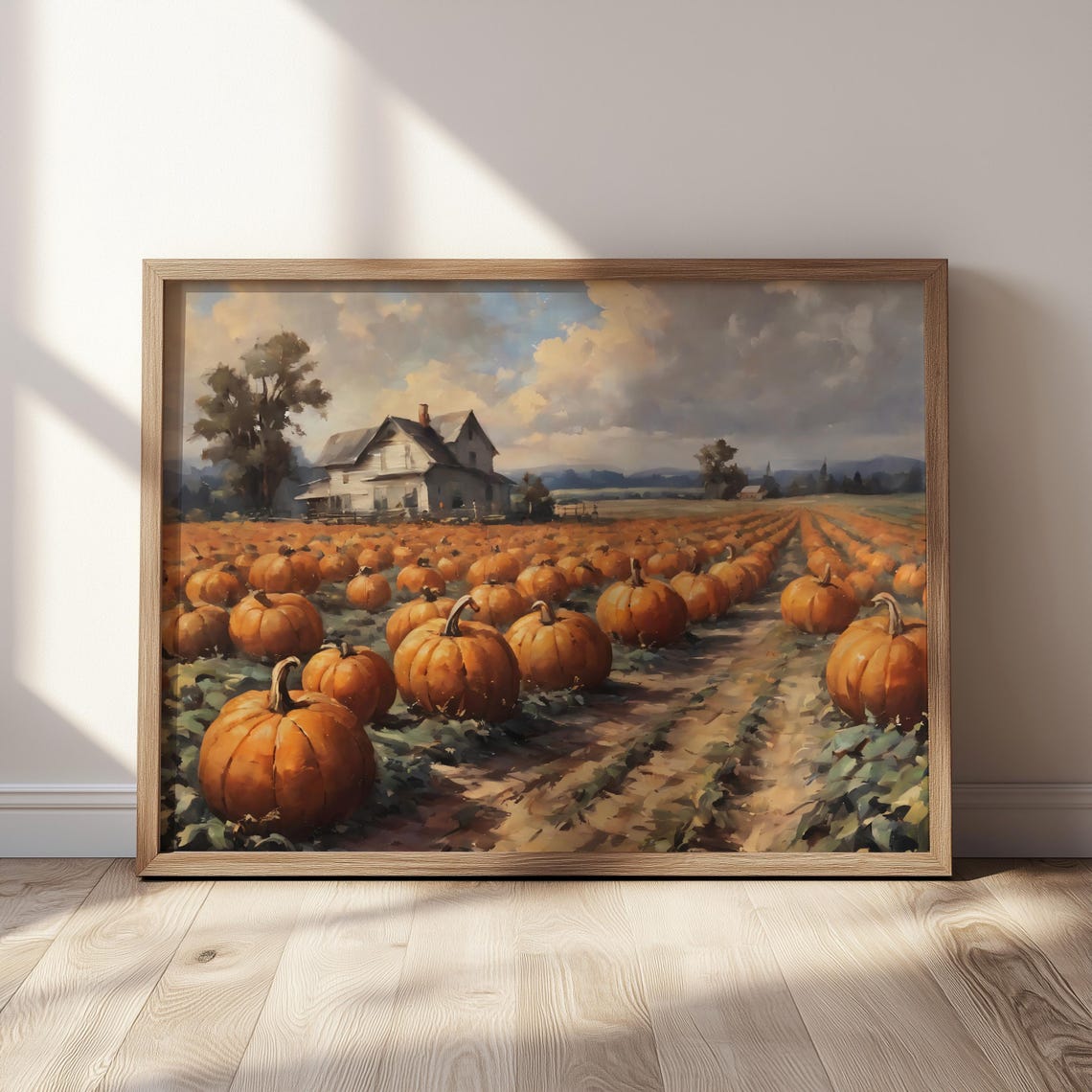 Sunlit Pumpkin Field White Farmhouse Autumn Harvest Painting Poster