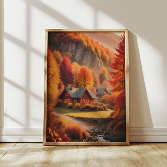 Autumn Mountain Village Cabins Poster Fiery Fall Trees Rustic Chalet Decor