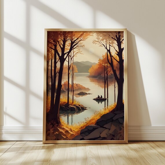 Autumn River Canoe Fall Foliage Trees Sunset Lake Art Poster