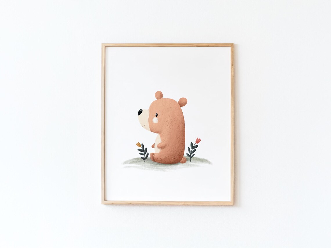 Sweet Baby Brown Bear Cub Sitting In Profile Soft Watercolor Poster