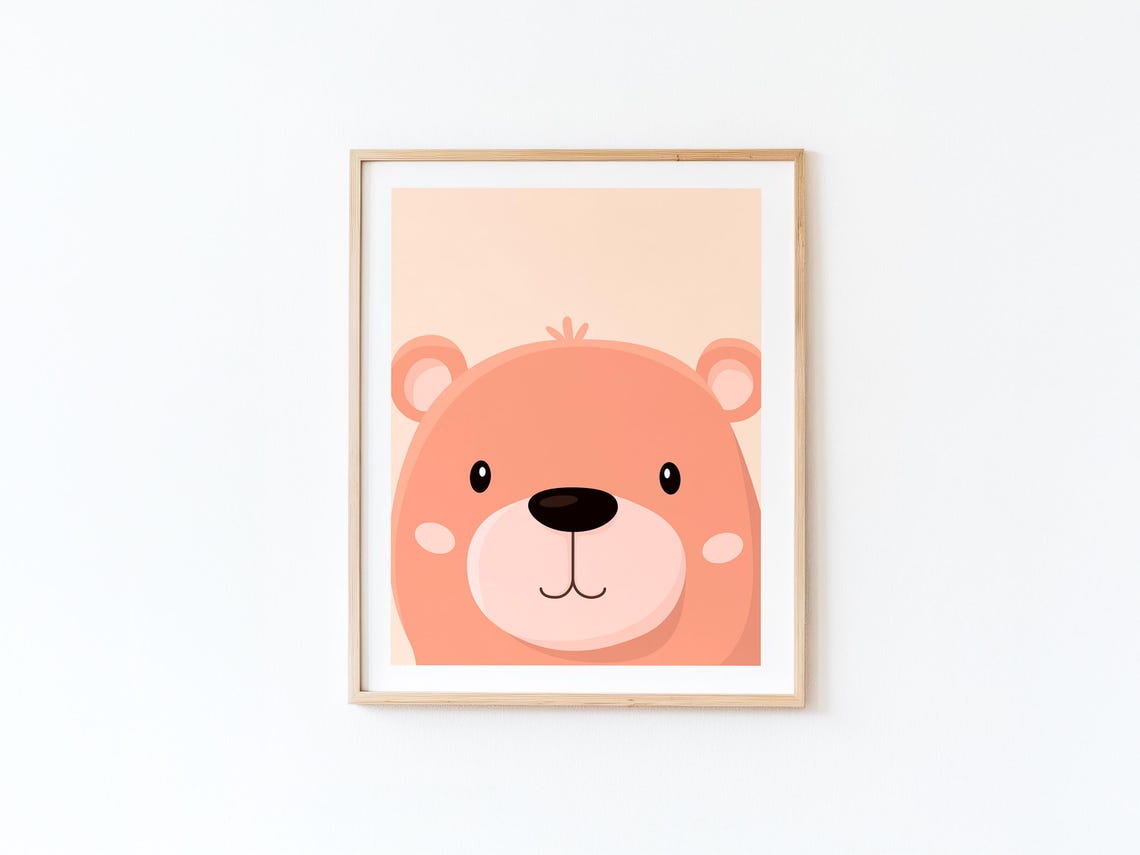 Cute Peach Coral Bear Face Minimal Nursery Illustration Poster