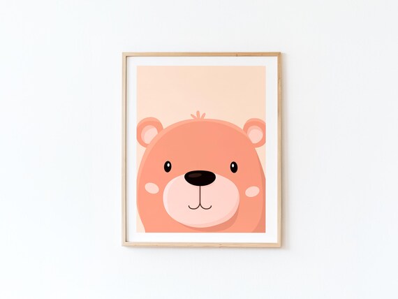 Cute Peach Coral Bear Face Minimal Nursery Illustration Poster