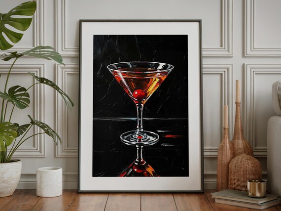 Manhattan Cocktail Impasto Painting Cherry Garnish Moody Black Bar Wall Art