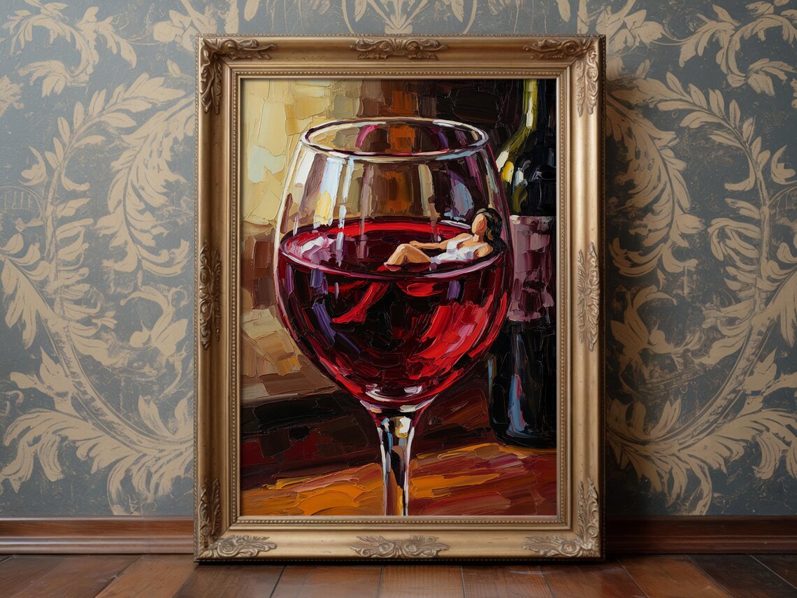 Woman Floating in Giant Red Wine Glass Impasto Painting Wall Art