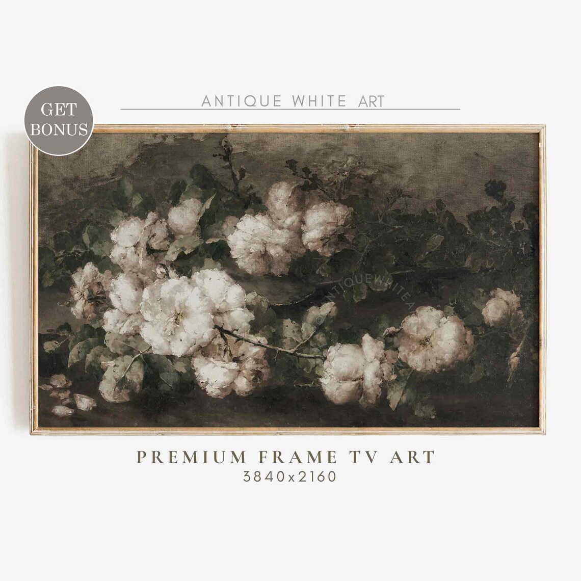 Moody White Roses Dark Botanical Oil Painting Vintage Floral Poster