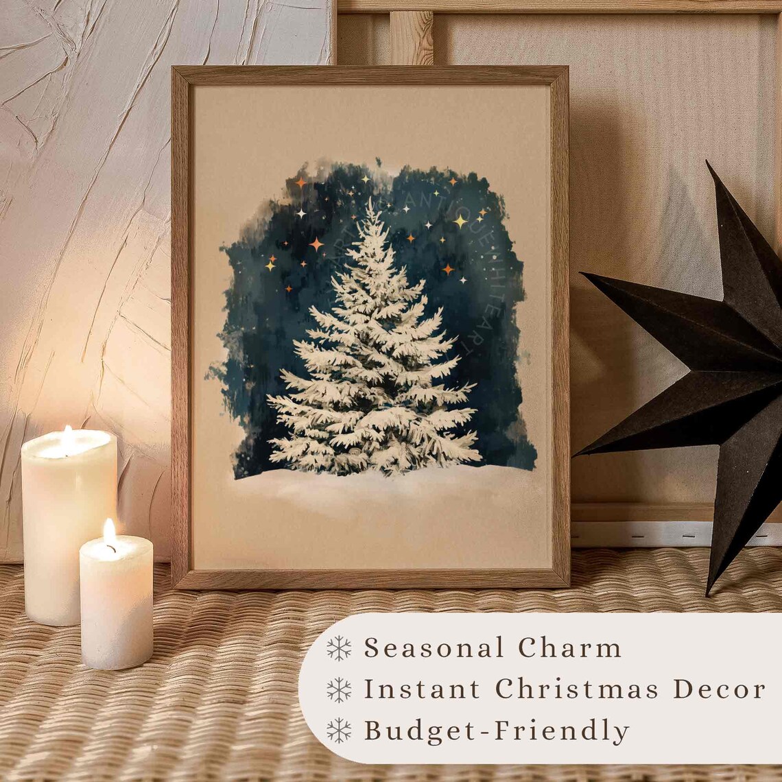 Snowy White Pine Tree Under Starry Night Sky Christmas Wall Art - Image 3