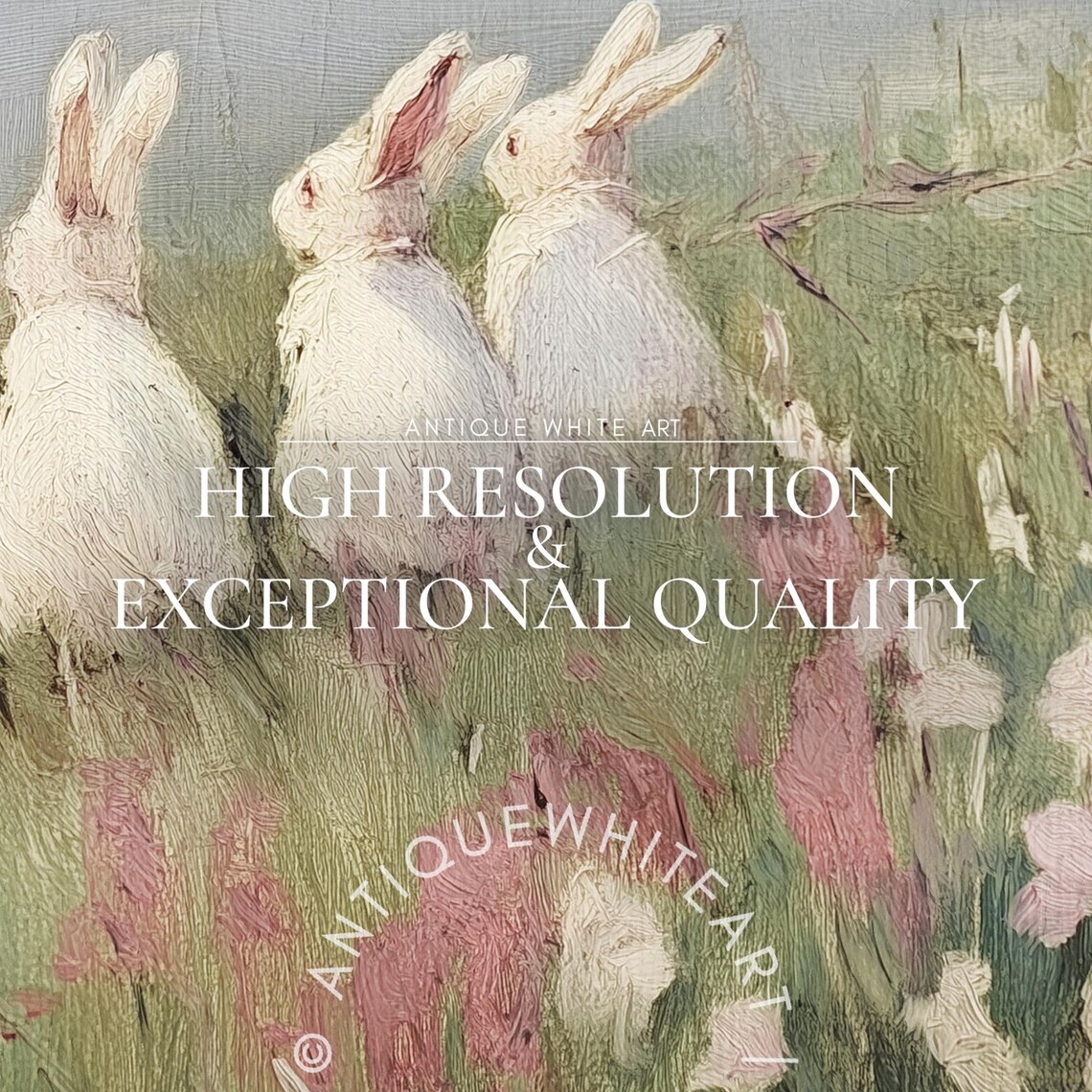 Three White Bunnies Wildflower Meadow Coastal Spring Oil Painting Print - Image 4