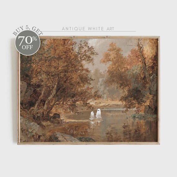 Cute Ghosts Floating On River In Autumn Forest Halloween Wall Art