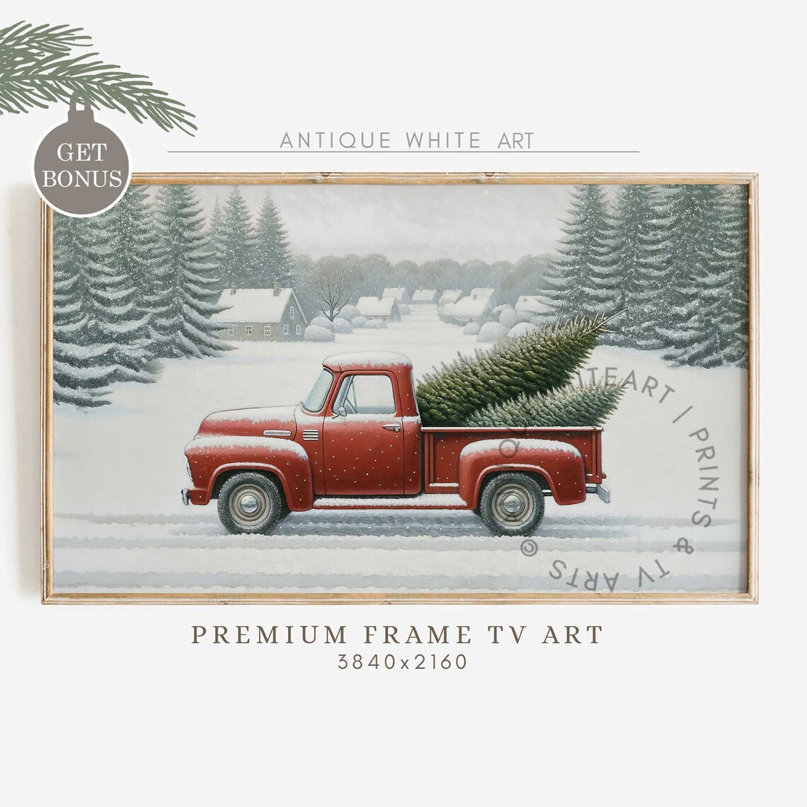Red Vintage Truck Christmas Trees Snowy Farm Evergreens Holiday Poster