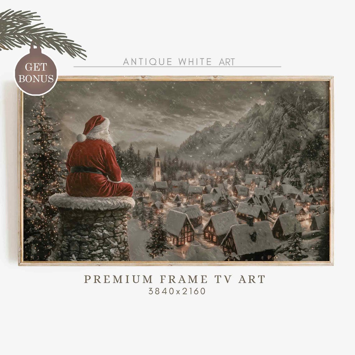 Santa Claus Christmas Frame Tv Art Winter Village In Night Holiday Tv Art Christmas Town Painting For Tv Wa78