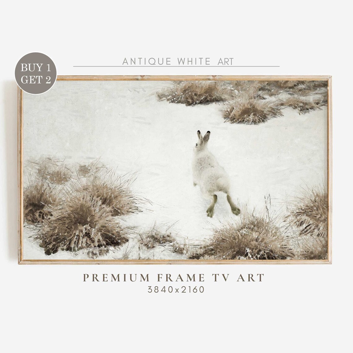 White Hare Running Through Snow Vintage Winter Wildlife Art Print